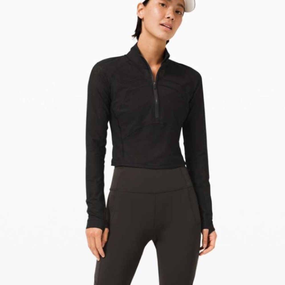 Lululemon Crop Front of the Pack Soft Mesh Black 1/2 Zip Reflect Workout Top 6